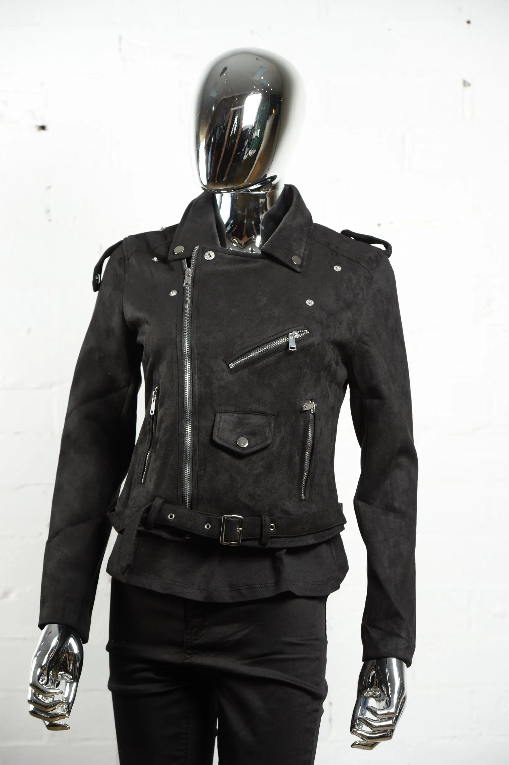 Faux Suede Biker Jacket  Black