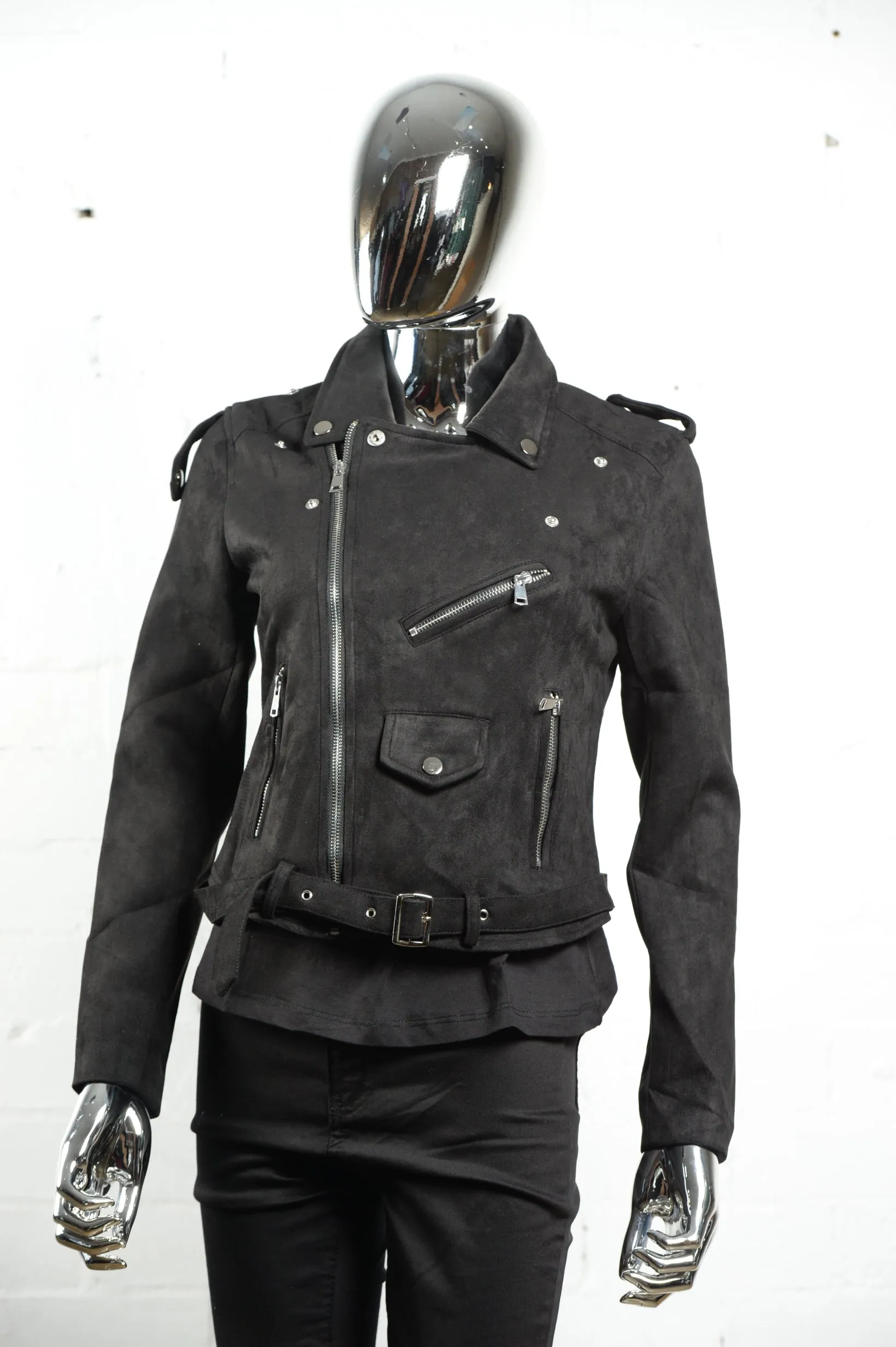 Faux Suede Biker Jacket  Black