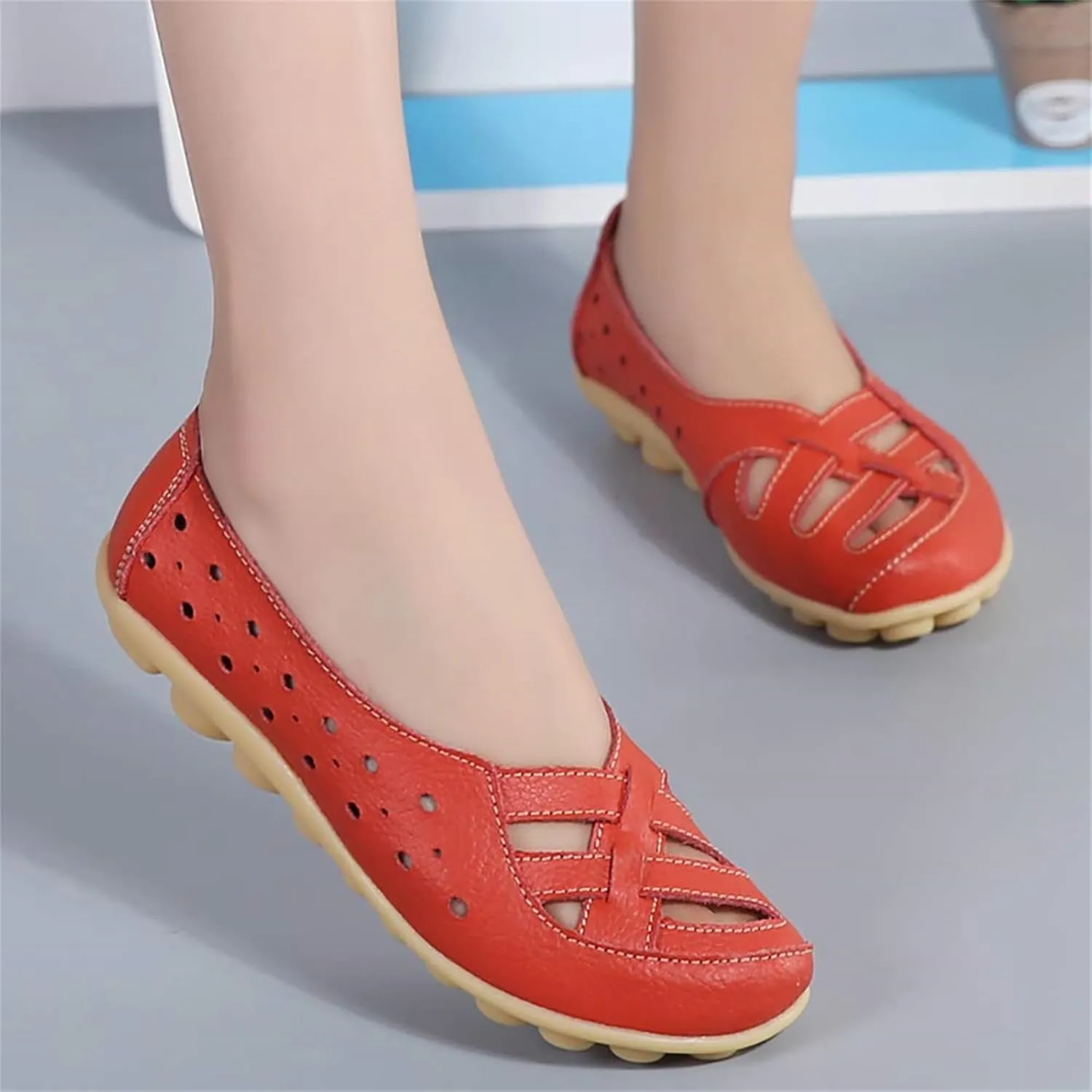 Flats for Women Comfort Loafers Breathable Closed Toe Sandals Leather Hollow Soft Summer Slip on Shoes Walking Office Driving Fashion Shoes