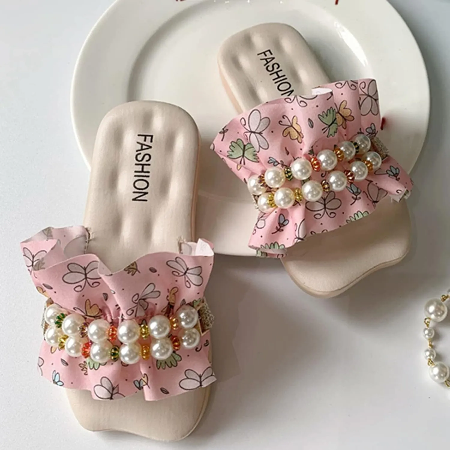Girls Beach Slides Cute Print Square Head Open Toe Slippers Kids Girls Ruffle Non-Slip Slide Summer Casual Slipper