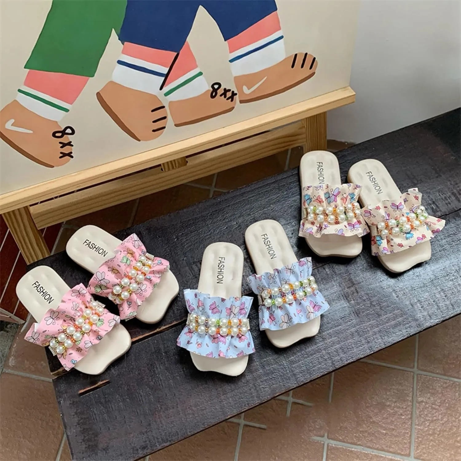 Girls Beach Slides Cute Print Square Head Open Toe Slippers Kids Girls Ruffle Non-Slip Slide Summer Casual Slipper