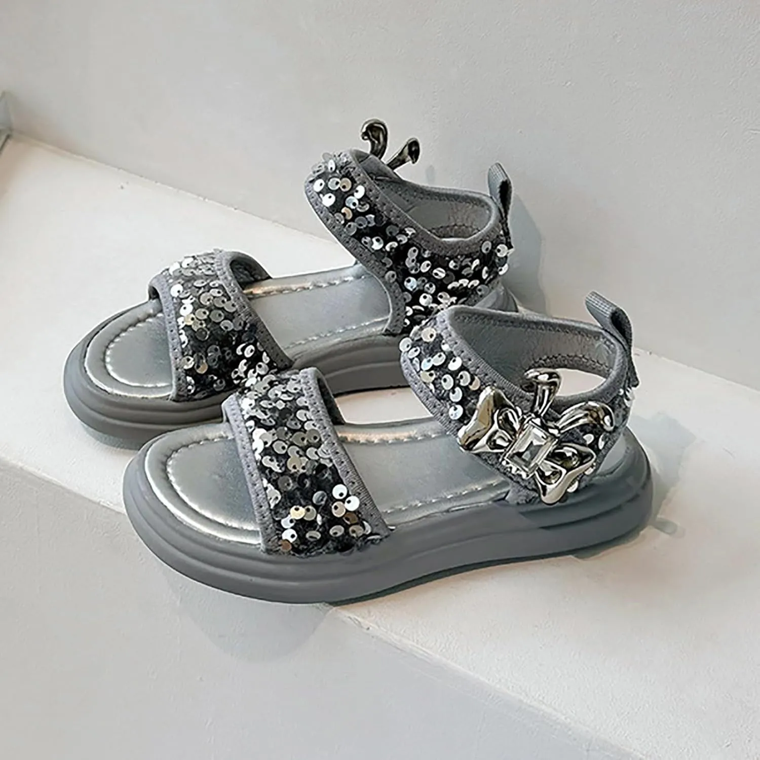 Glitter Sandals For Girls Double Strappy With Ankle Buckle Strap Summer Dress Softy Sole Shoes Girl Sandals