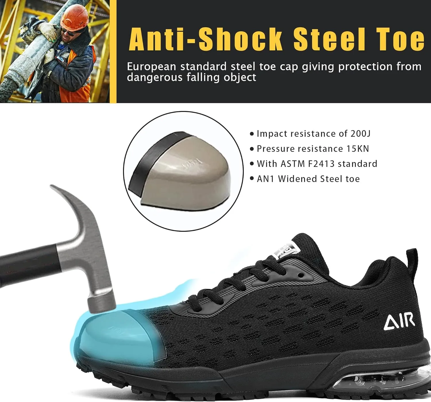 HiHatide Steel Toe Shoes for Men Work Shoes Safety Sneakers Air Cushion Lightweight Slip Resistant Breathable Comfortable
