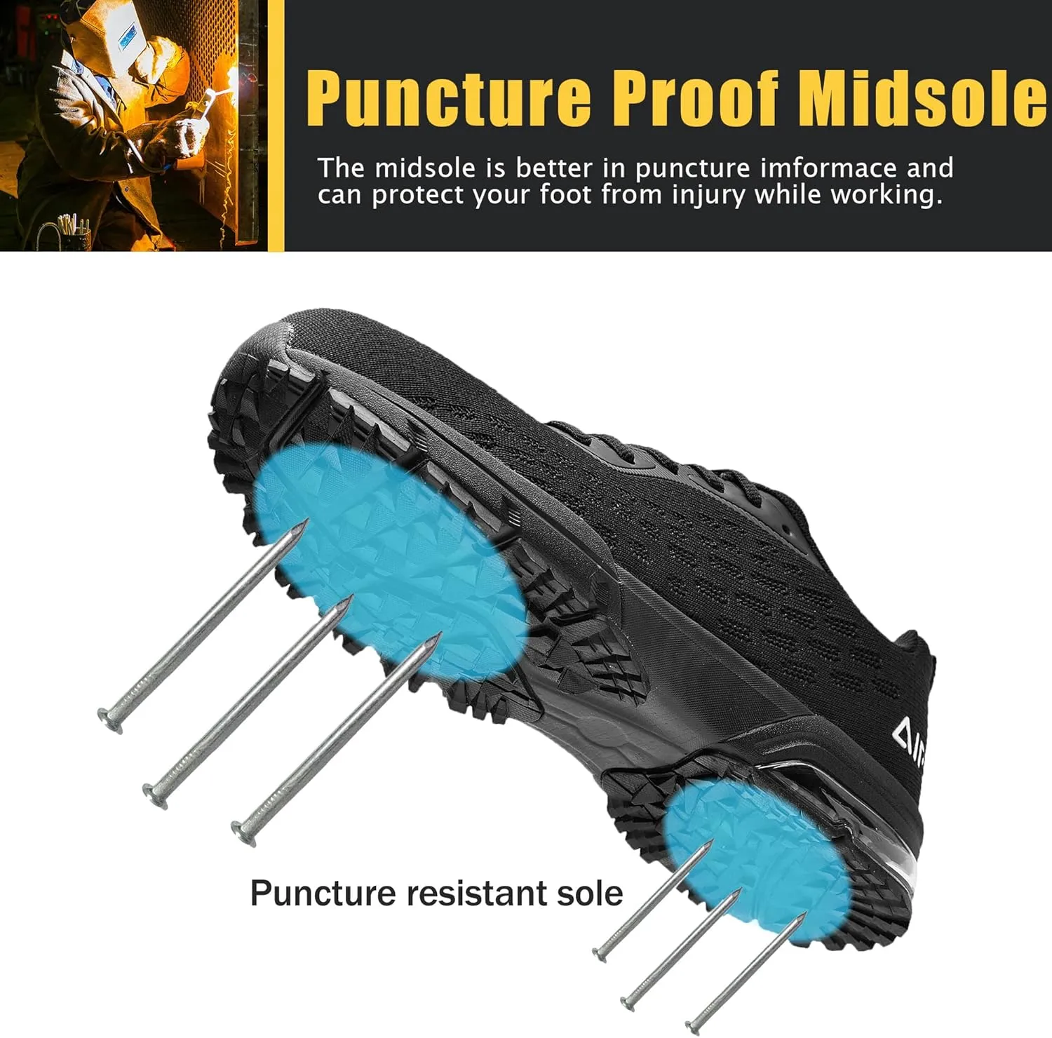 HiHatide Steel Toe Shoes for Men Work Shoes Safety Sneakers Air Cushion Lightweight Slip Resistant Breathable Comfortable