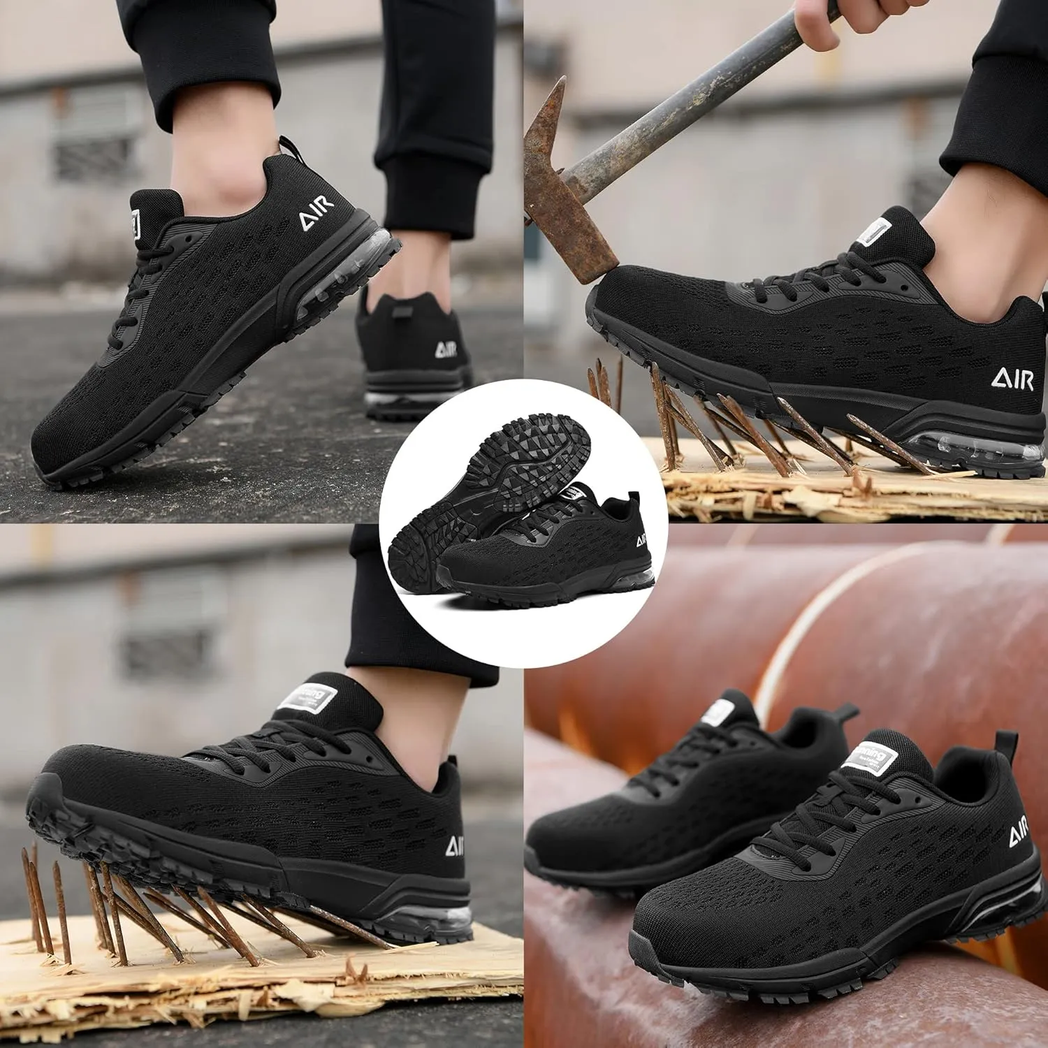 HiHatide Steel Toe Shoes for Men Work Shoes Safety Sneakers Air Cushion Lightweight Slip Resistant Breathable Comfortable