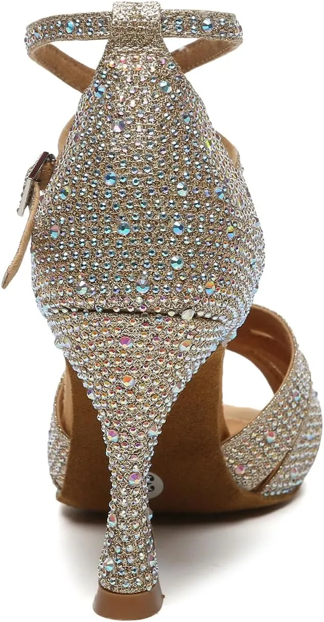 HIPPOSEUS Womens Rhinestone Latin Ballroom Dance Shoes Open Toe Salsa Tango ChaCha Performance Dancing Heels,Model YCL