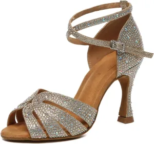 HIPPOSEUS Womens Rhinestone Latin Ballroom Dance Shoes Open Toe Salsa Tango ChaCha Performance Dancing Heels,Model YCL