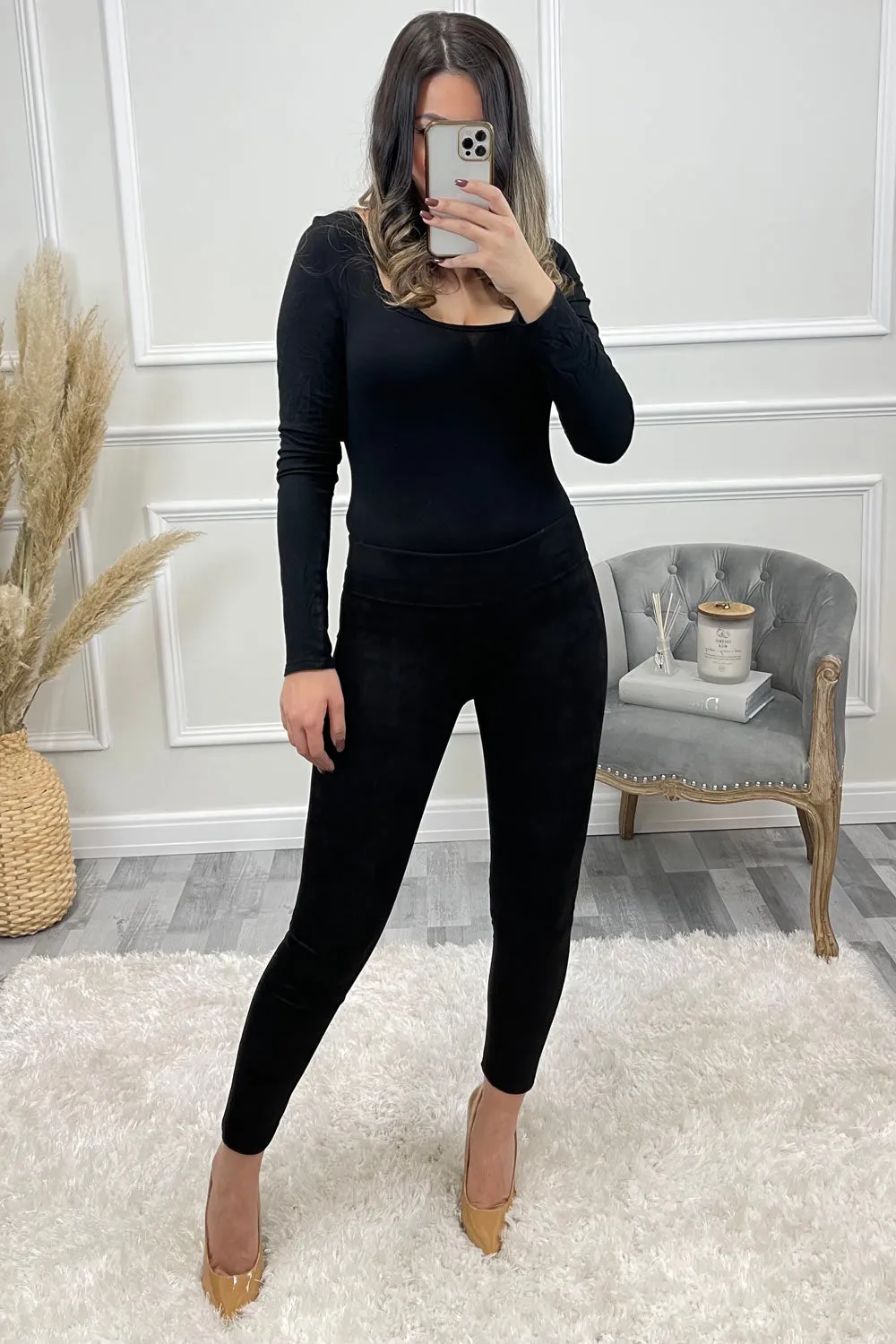 Kally Black Faux Suede High Waisted Leggings