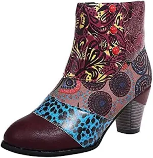 Ladies Short Boots Chunky Heels Fashion Casual Retro Floral Print Side Zipper Pointed Toe Ankle Booties Autumn Winter Pump Shoes Leather High Heel Boots Ethnic Style Dressy 2024
