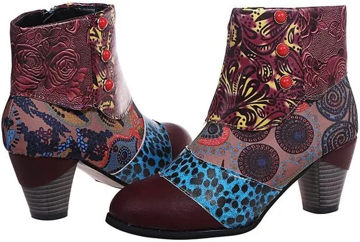 Ladies Short Boots Chunky Heels Fashion Casual Retro Floral Print Side Zipper Pointed Toe Ankle Booties Autumn Winter Pump Shoes Leather High Heel Boots Ethnic Style Dressy 2024
