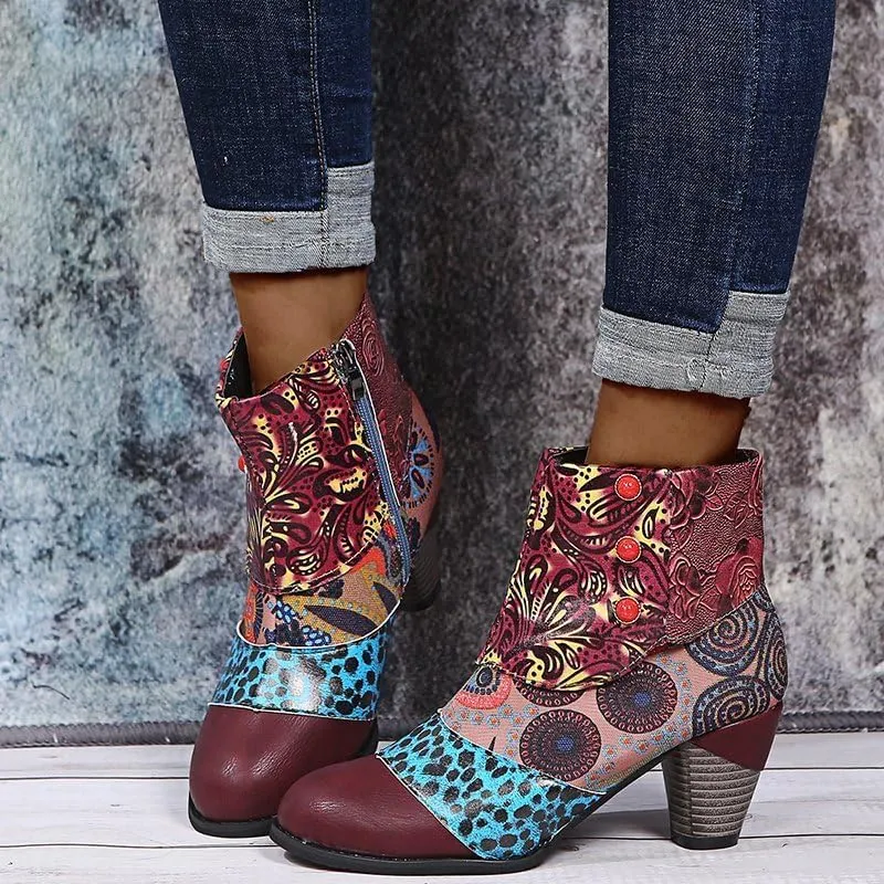 Ladies Short Boots Chunky Heels Fashion Casual Retro Floral Print Side Zipper Pointed Toe Ankle Booties Autumn Winter Pump Shoes Leather High Heel Boots Ethnic Style Dressy 2024