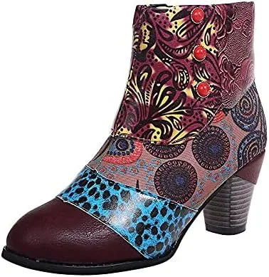 Ladies Short Boots Chunky Heels Fashion Casual Retro Floral Print Side Zipper Pointed Toe Ankle Booties Autumn Winter Pump Shoes Leather High Heel Boots Ethnic Style Dressy 2024