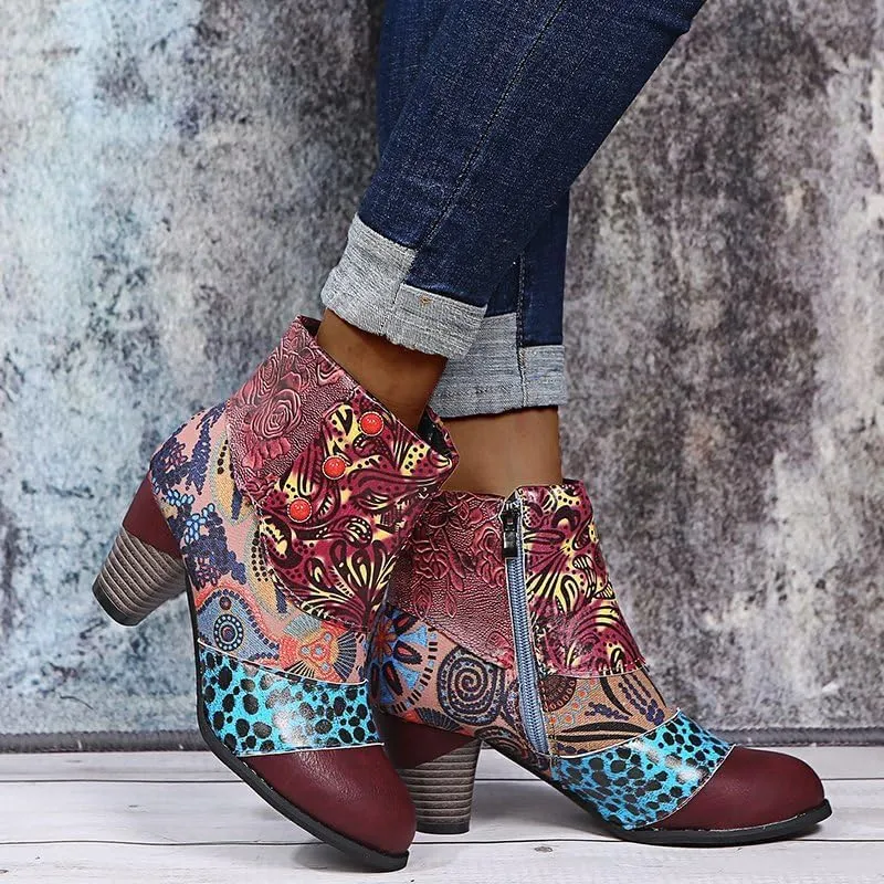 Ladies Short Boots Chunky Heels Fashion Casual Retro Floral Print Side Zipper Pointed Toe Ankle Booties Autumn Winter Pump Shoes Leather High Heel Boots Ethnic Style Dressy 2024