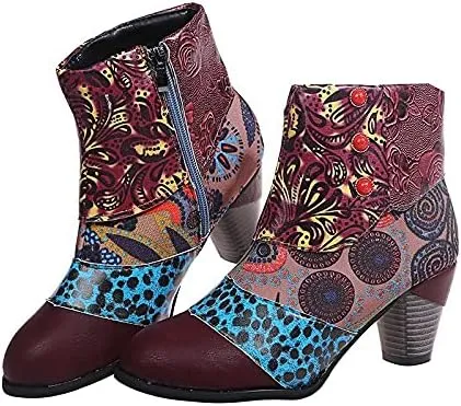 Ladies Short Boots Chunky Heels Fashion Casual Retro Floral Print Side Zipper Pointed Toe Ankle Booties Autumn Winter Pump Shoes Leather High Heel Boots Ethnic Style Dressy 2024