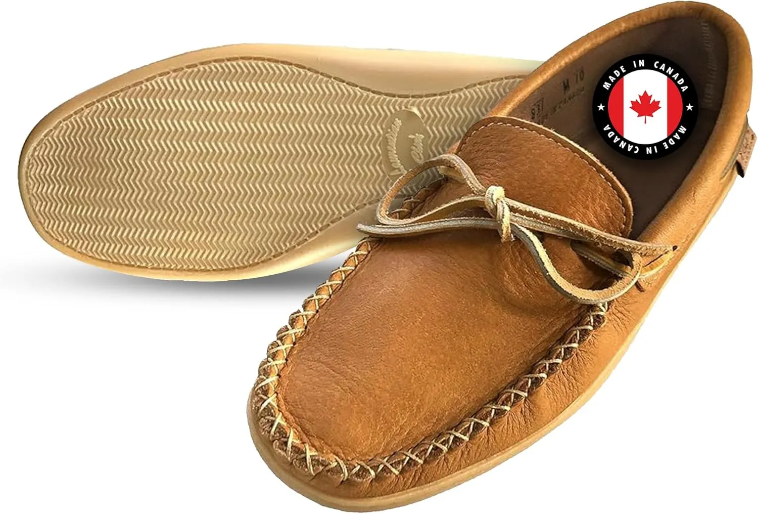 Laurentian Chief Moccasin with 8-Hole Collar for Men  Stylish and Comfortable House Slippers with Brown Rubber Sole  Leather Indoor and Outdoor Slippers
