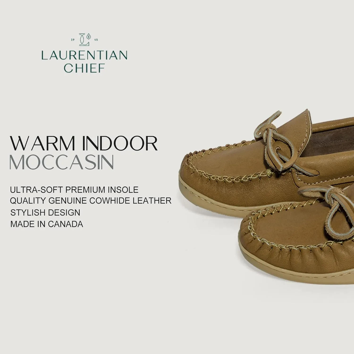 Laurentian Chief Moccasin with 8-Hole Collar for Men  Stylish and Comfortable House Slippers with Brown Rubber Sole  Leather Indoor and Outdoor Slippers