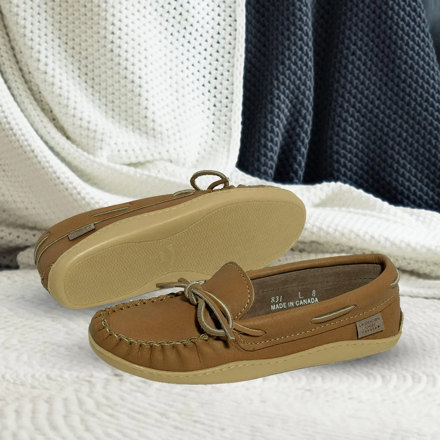Laurentian Chief Moccasin with 8-Hole Collar for Men  Stylish and Comfortable House Slippers with Brown Rubber Sole  Leather Indoor and Outdoor Slippers