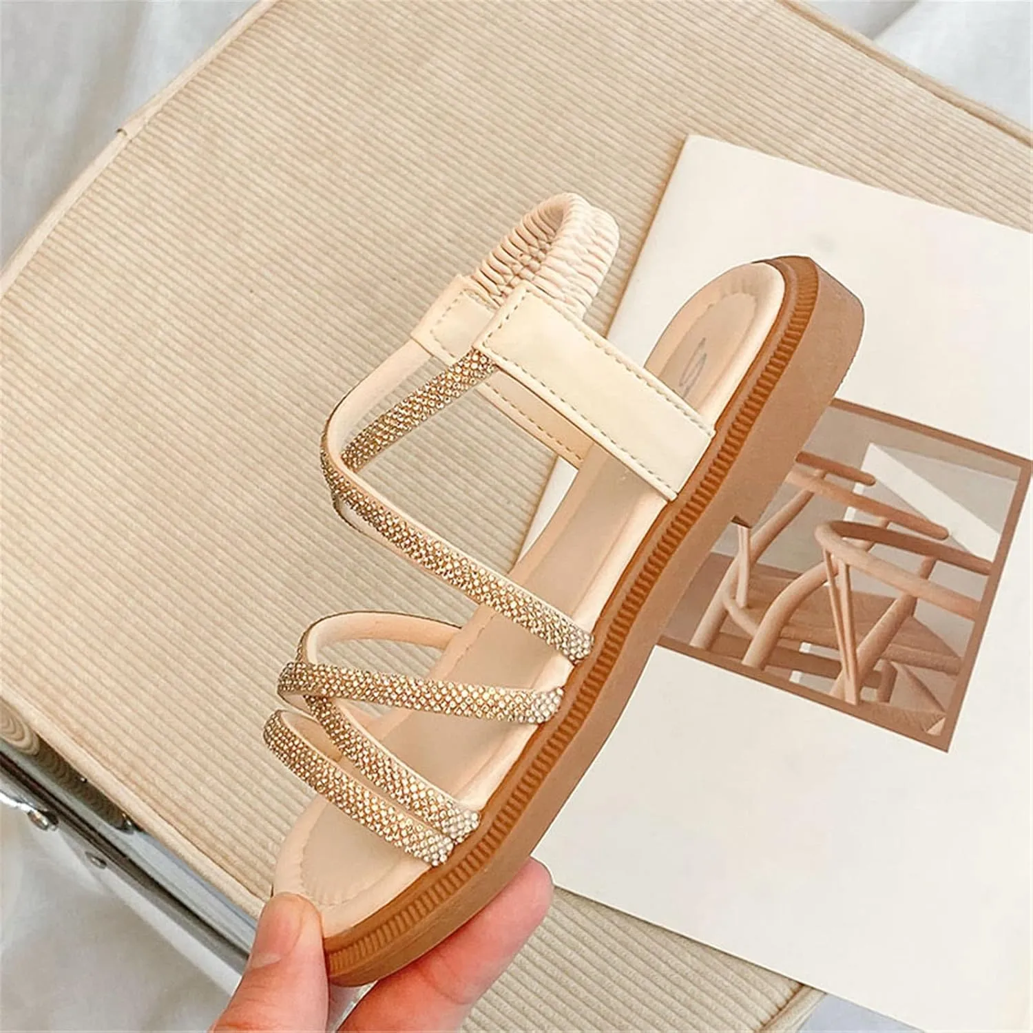 Little Kid Girls Sandals Open Toe Ankle Strap Rhinestones Sandals Cute Flat Dress Sandals Summer Beach Casual Shoes (Beige, 3 Big Kids)