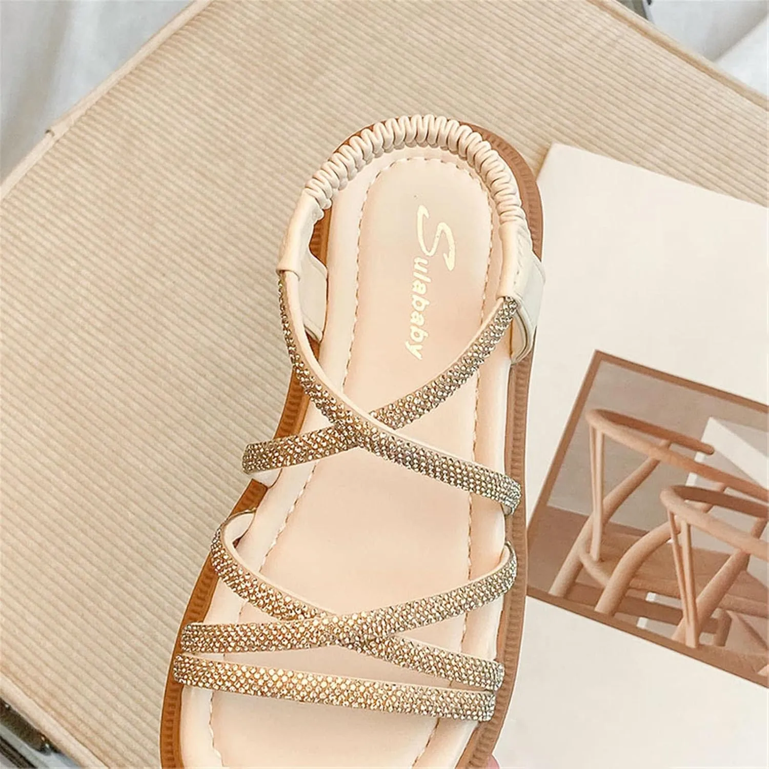 Little Kid Girls Sandals Open Toe Ankle Strap Rhinestones Sandals Cute Flat Dress Sandals Summer Beach Casual Shoes (Beige, 3 Big Kids)