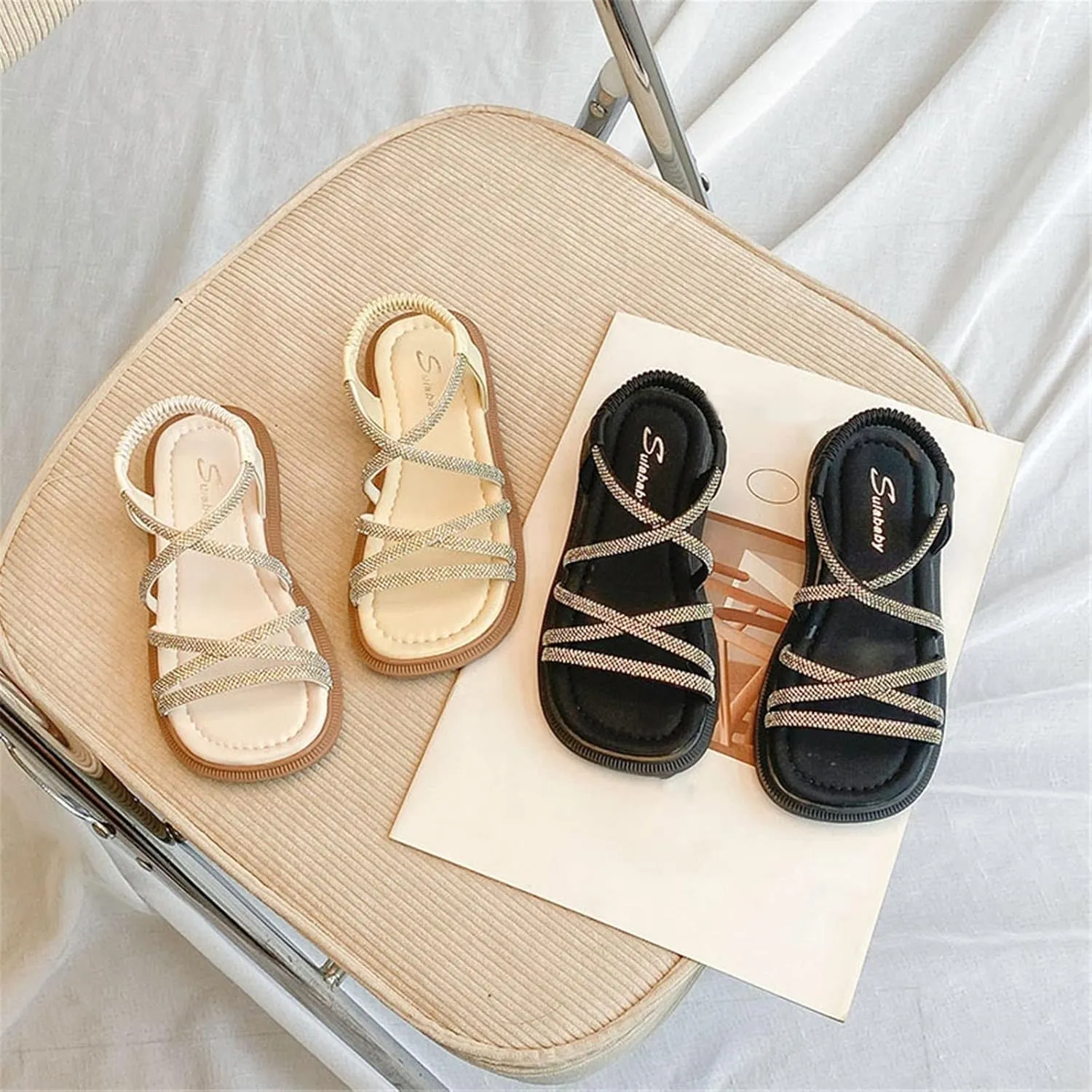 Little Kid Girls Sandals Open Toe Ankle Strap Rhinestones Sandals Cute Flat Dress Sandals Summer Beach Casual Shoes (Beige, 3 Big Kids)