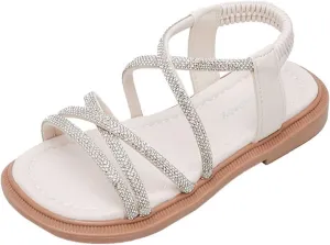 Little Kid Girls Sandals Open Toe Ankle Strap Rhinestones Sandals Cute Flat Dress Sandals Summer Beach Casual Shoes (Beige, 3 Big Kids)