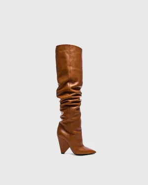 Livia Heterotypic Heel Ruched Knee High Boots In Brown