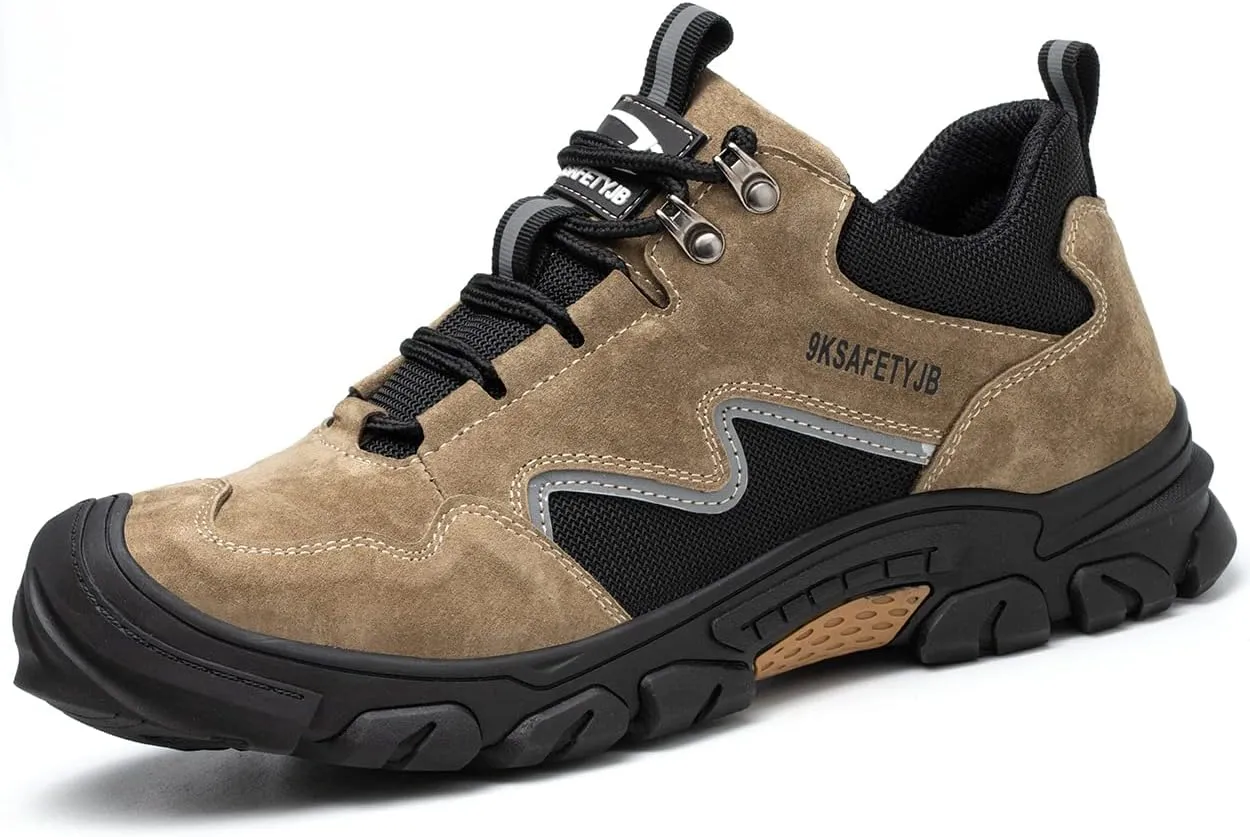 Men's Brown Steel Toe Work & Hiking Shoes, Industrial & Construction, Lightweight, Comfortable, Safety Toe, Slip On, US Men's Size