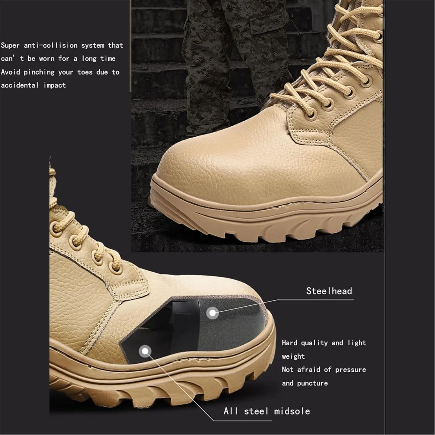 Mens Plus Size Steel Toe Boots, Wide Comfortable Breathable Leather Anti-Smash and Anti-Puncture Work Construction Boots, Indestructible Non-slip Safety Work Boot, for Warehouse