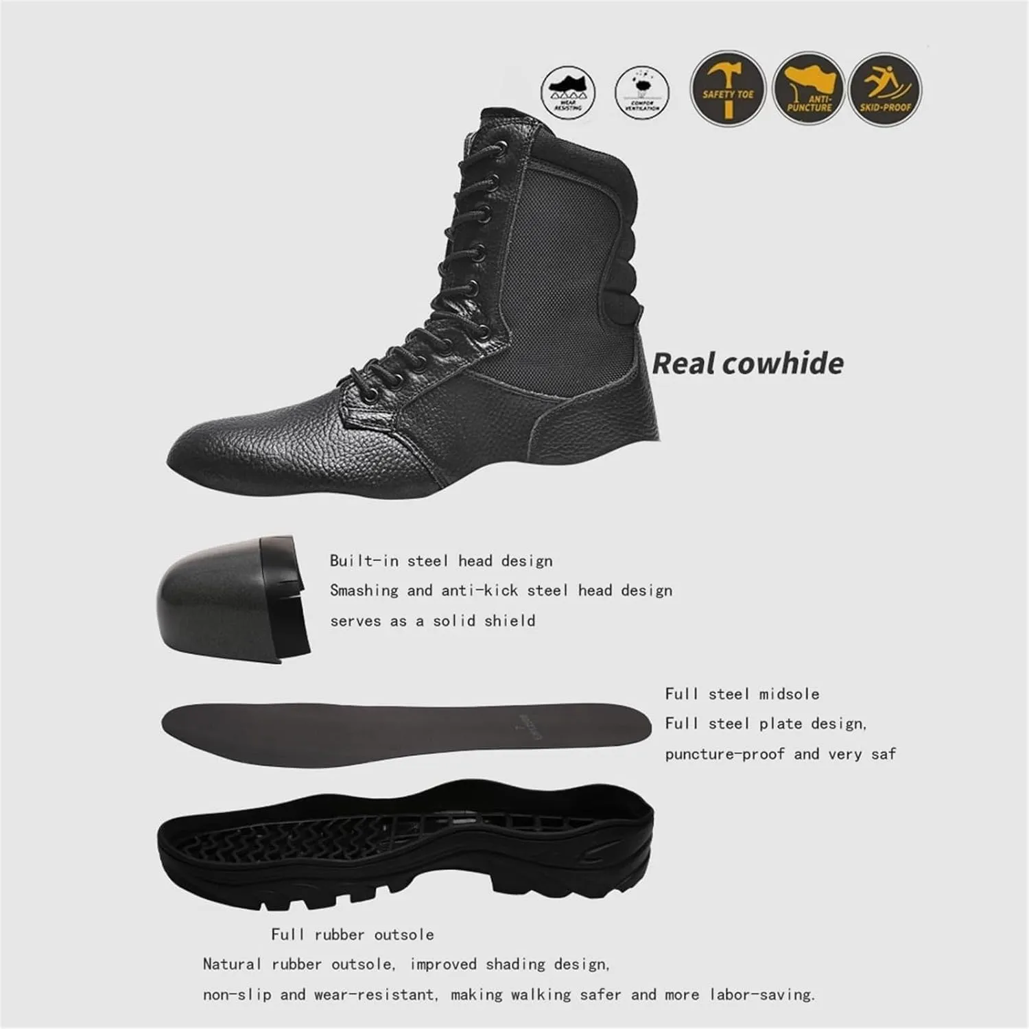 Mens Plus Size Steel Toe Boots, Wide Comfortable Breathable Leather Anti-Smash and Anti-Puncture Work Construction Boots, Indestructible Non-slip Safety Work Boot, for Warehouse