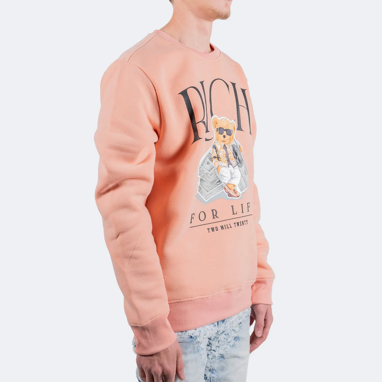 Men's TWO MILL TWENTY Rich Teddy Bear Cash Graphic Sweatshirt Pink