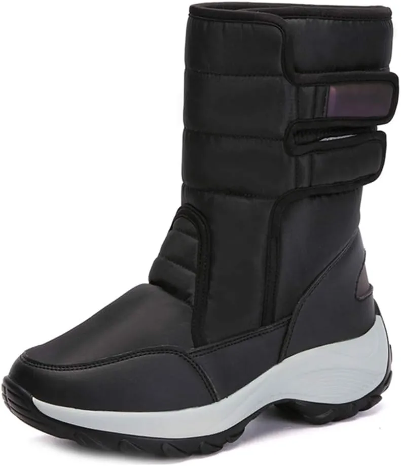 MIOKE Women's Waterproof Rain Snow Boots Winter Mid Wide Calf Platform Hook-and-Loop Fashion Ski Snow Boot