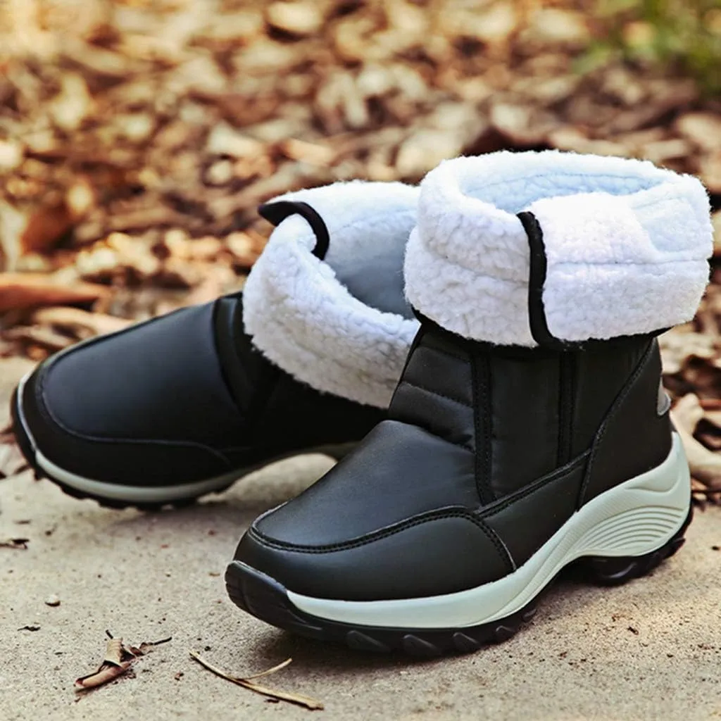 MIOKE Women's Waterproof Rain Snow Boots Winter Mid Wide Calf Platform Hook-and-Loop Fashion Ski Snow Boot