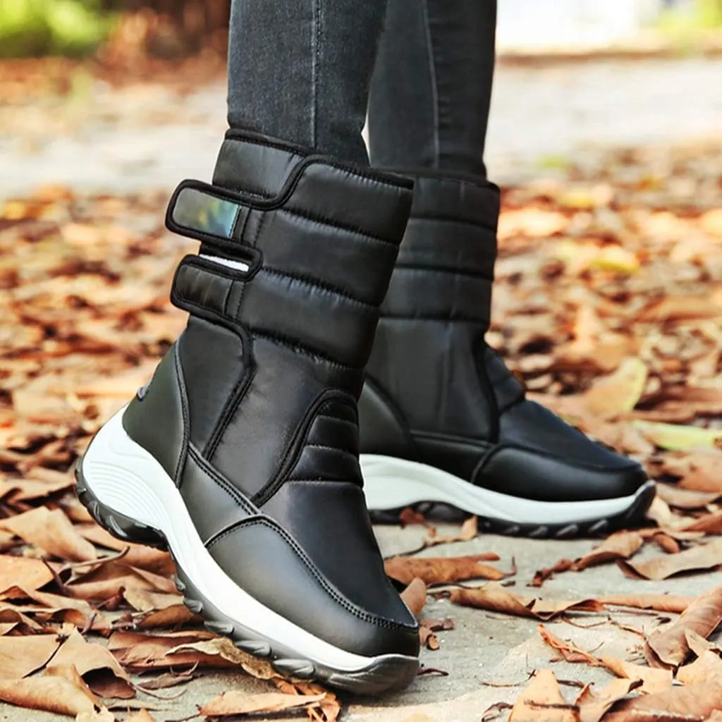 MIOKE Women's Waterproof Rain Snow Boots Winter Mid Wide Calf Platform Hook-and-Loop Fashion Ski Snow Boot