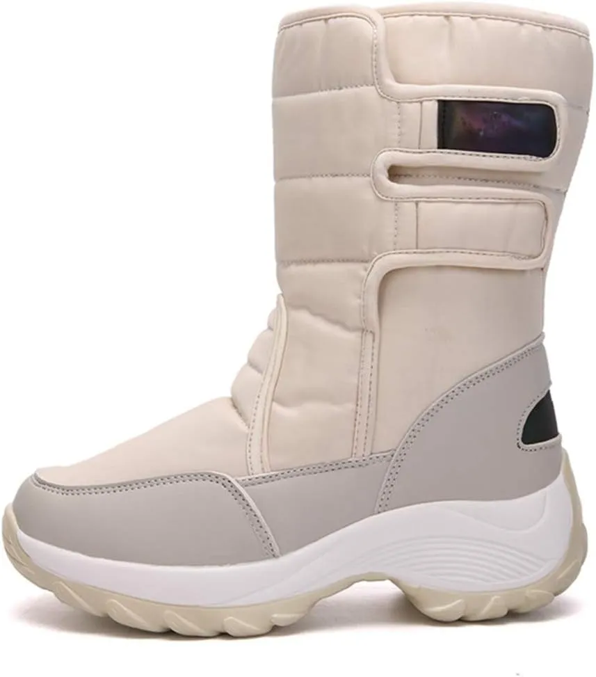 MIOKE Women's Waterproof Rain Snow Boots Winter Mid Wide Calf Platform Hook-and-Loop Fashion Ski Snow Boot