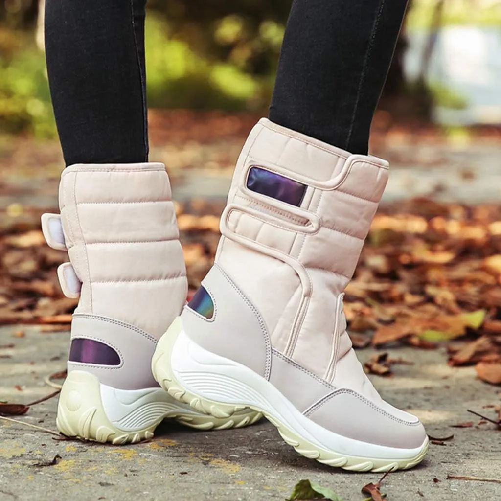 MIOKE Women's Waterproof Rain Snow Boots Winter Mid Wide Calf Platform Hook-and-Loop Fashion Ski Snow Boot