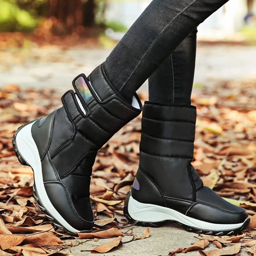 MIOKE Women's Waterproof Rain Snow Boots Winter Mid Wide Calf Platform Hook-and-Loop Fashion Ski Snow Boot