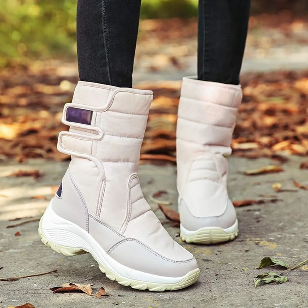 MIOKE Women's Waterproof Rain Snow Boots Winter Mid Wide Calf Platform Hook-and-Loop Fashion Ski Snow Boot