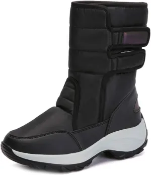 MIOKE Women's Waterproof Rain Snow Boots Winter Mid Wide Calf Platform Hook-and-Loop Fashion Ski Snow Boot