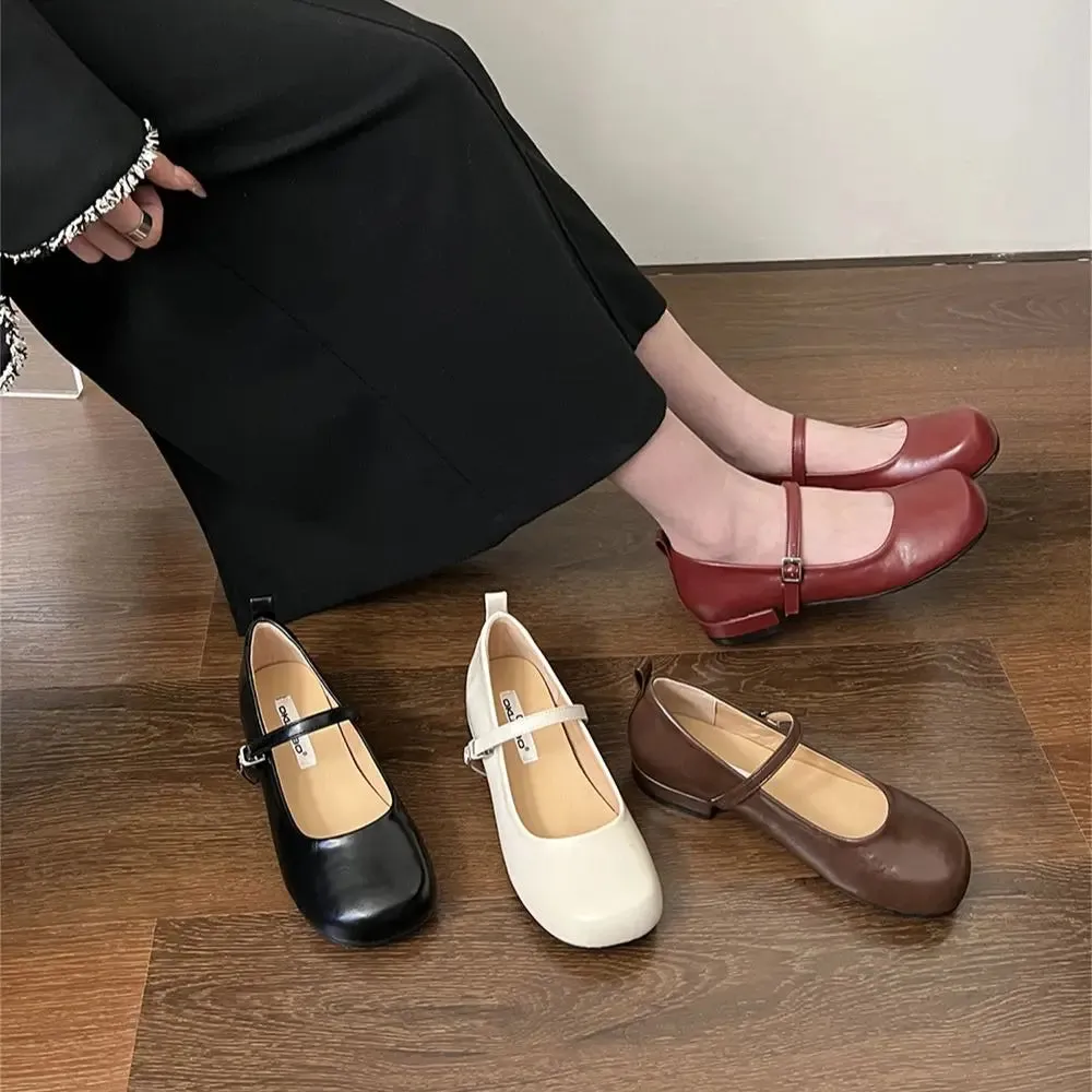 Mqtime Round Toe Women Loafers Belt Buckle Black Brown Red White Flat Mid Heels Autumn Spring Office Pumps Shoes Woman Size 35-39