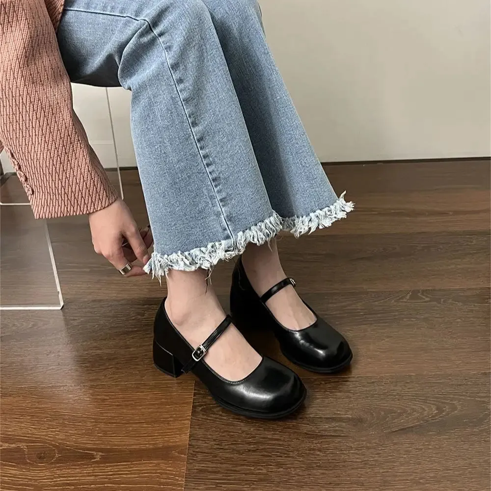 Mqtime Round Toe Women Loafers Belt Buckle Black Brown Red White Flat Mid Heels Autumn Spring Office Pumps Shoes Woman Size 35-39