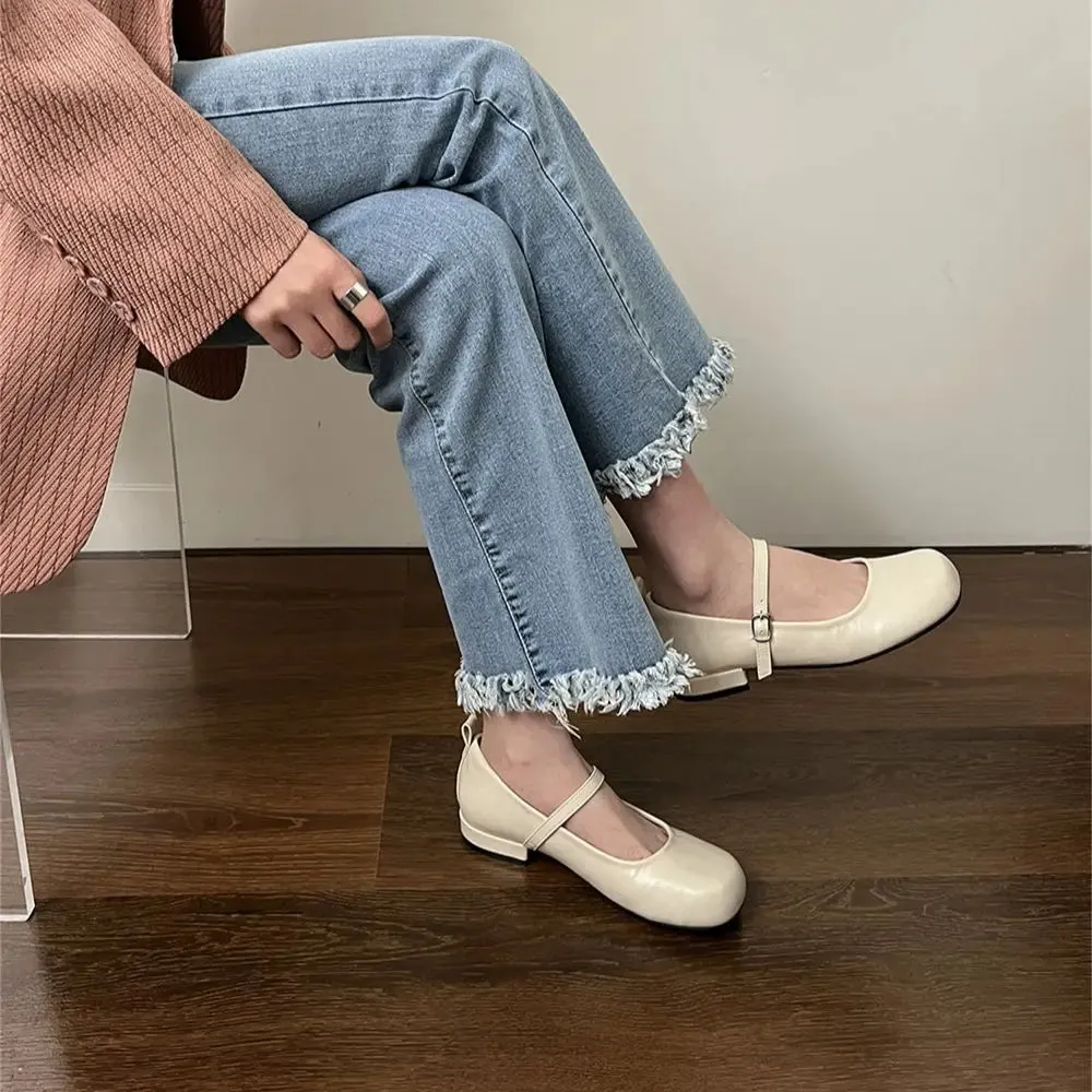 Mqtime Round Toe Women Loafers Belt Buckle Black Brown Red White Flat Mid Heels Autumn Spring Office Pumps Shoes Woman Size 35-39
