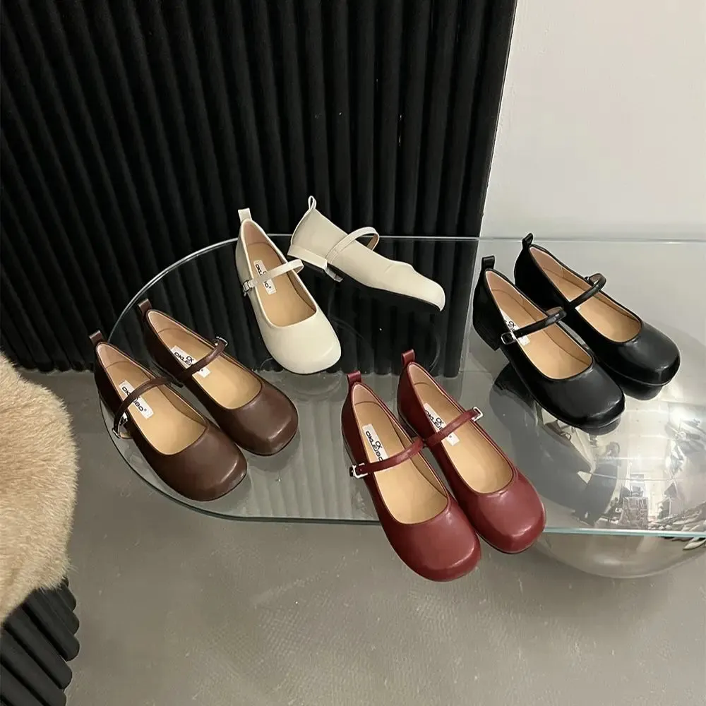 Mqtime Round Toe Women Loafers Belt Buckle Black Brown Red White Flat Mid Heels Autumn Spring Office Pumps Shoes Woman Size 35-39