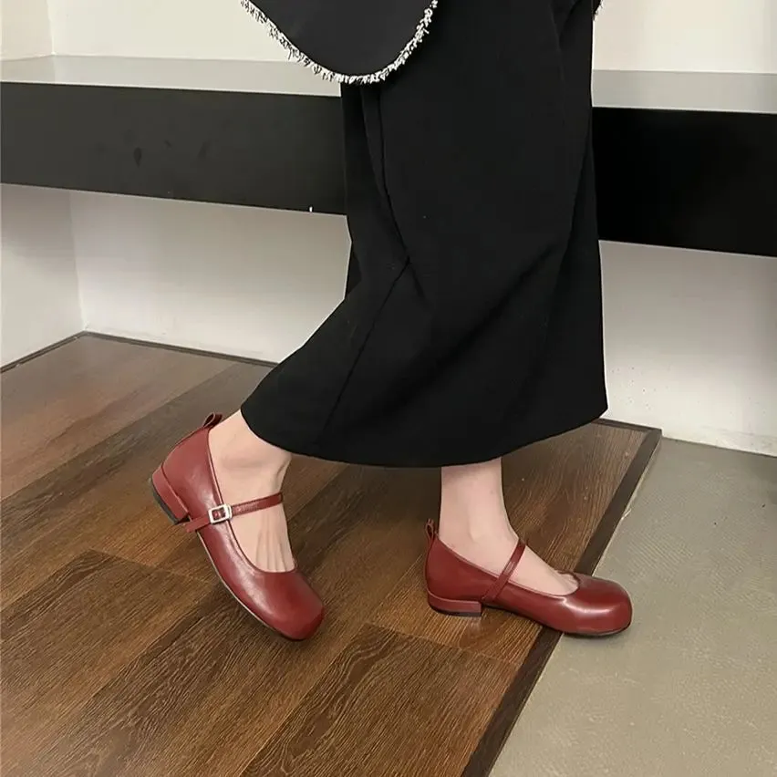 Mqtime Round Toe Women Loafers Belt Buckle Black Brown Red White Flat Mid Heels Autumn Spring Office Pumps Shoes Woman Size 35-39