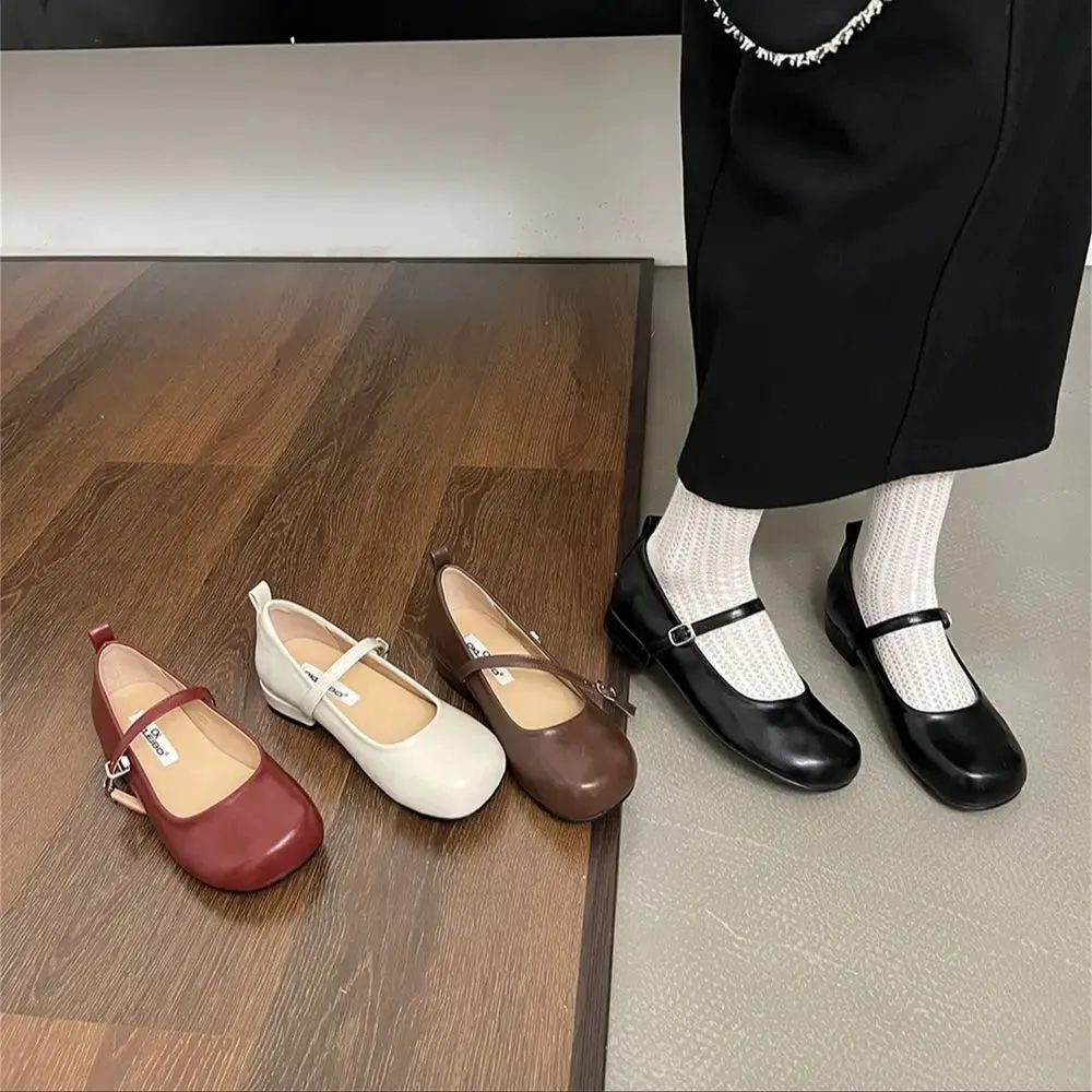 Mqtime Round Toe Women Loafers Belt Buckle Black Brown Red White Flat Mid Heels Autumn Spring Office Pumps Shoes Woman Size 35-39