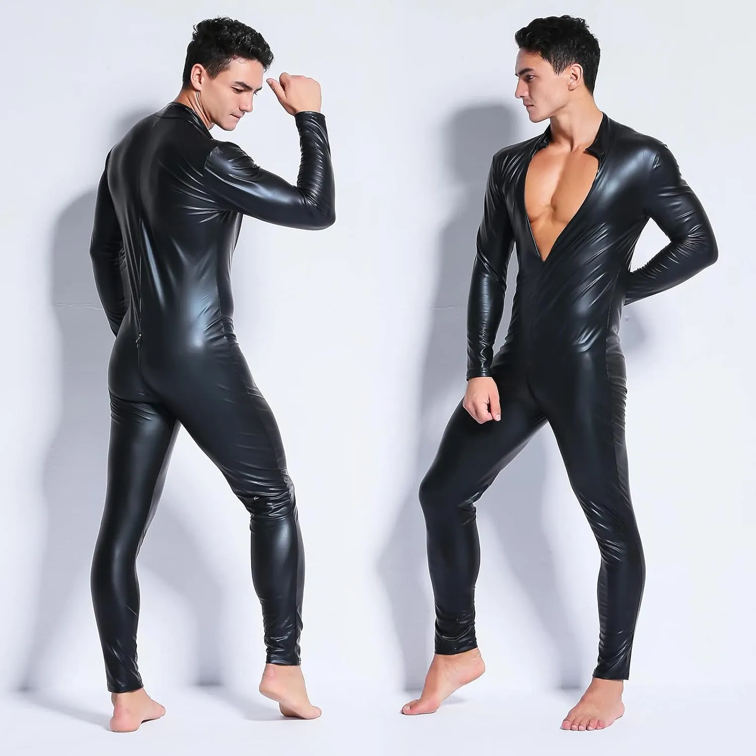 Panegy Men's Faux PU Leather Jumpsuit Shiny Leather Bodysuit Pole Dance Leotard Adult Onesie Singlet