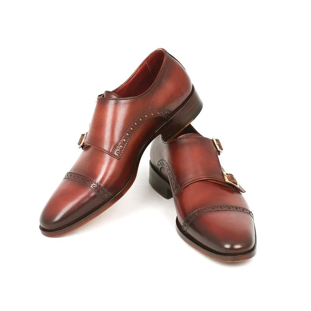 Paul Parkman Men's Cap-Toe Double Monkstraps Camel & Light Brown (ID#0457-CML)