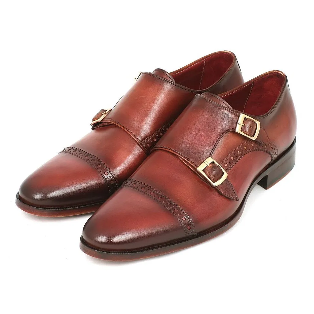 Paul Parkman Men's Cap-Toe Double Monkstraps Camel & Light Brown (ID#0457-CML)