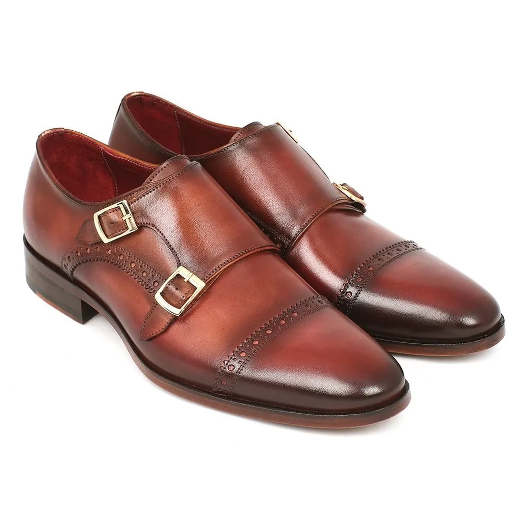Paul Parkman Men's Cap-Toe Double Monkstraps Camel & Light Brown (ID#0457-CML)