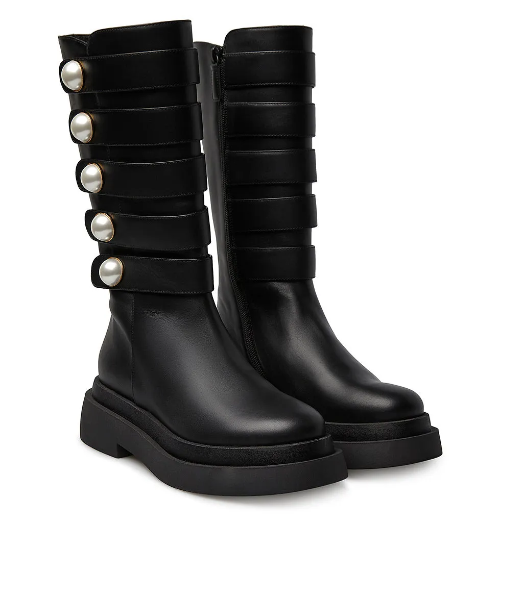 Pearl studs straps black calfskin boots