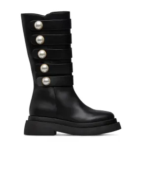 Pearl studs straps black calfskin boots